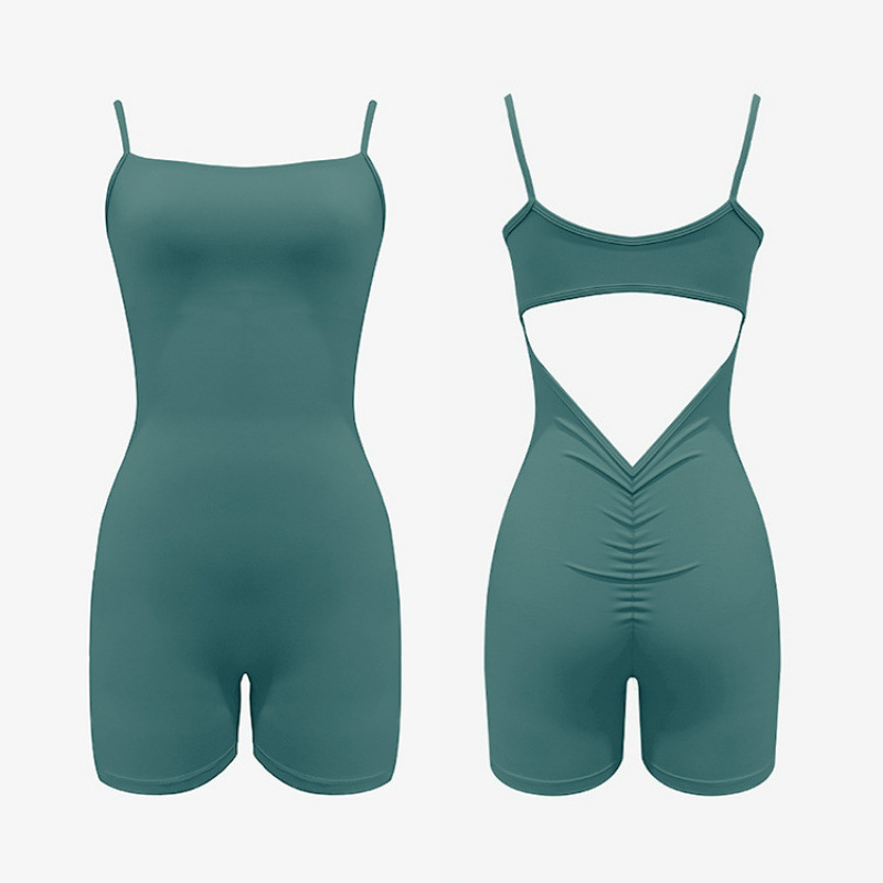 Cross-border one-piece suit with thin shoulder and back, short shorts, one-piece suit with hollowed-out V-waist and pleated yoga one-piece suit Application Scenario