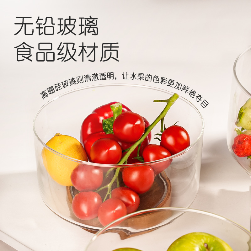 中式玻璃果盘送相思木底座盘子零食沙拉碗水果盘轻奢高级感玻璃碗
