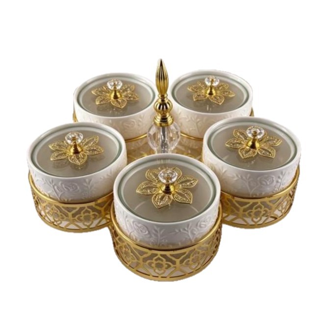 Light luxury 5-compartment rotating ceramic dried fruit box with lid, carved gold edge, nut storage box in multiple colors, suitable for home and living room use Item Picture
