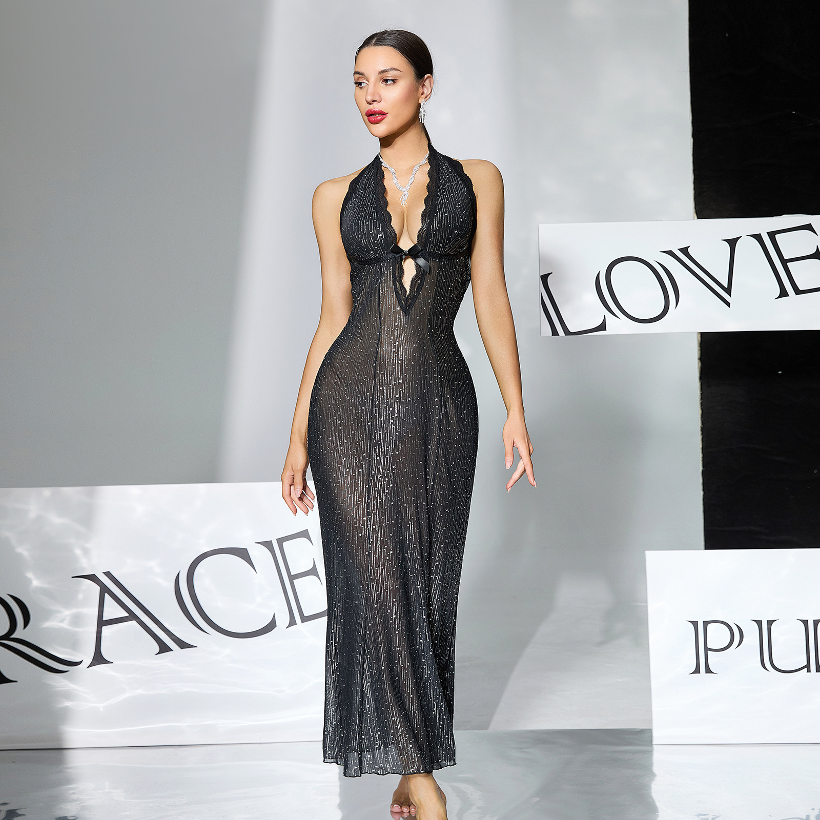 Black silk see-through dress for export, neckline, deep V-neck, backless, slim fishtail, sexy sleeping dress 1155 Application Scenario