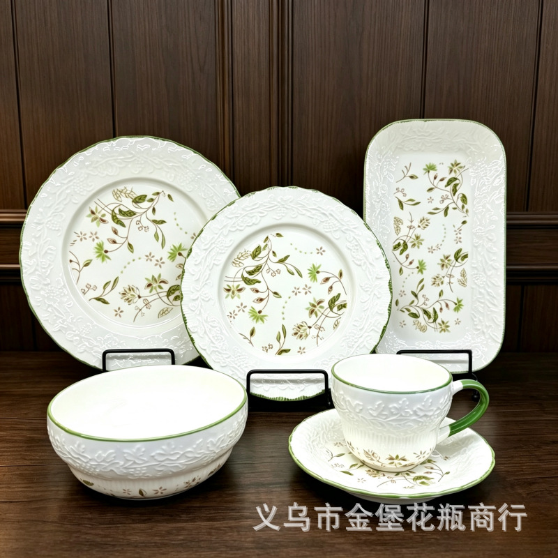 Cute cherry relief ceramic tableware set, red outline household bowls and plates, popular fruit ceramic tableware batch details Picture