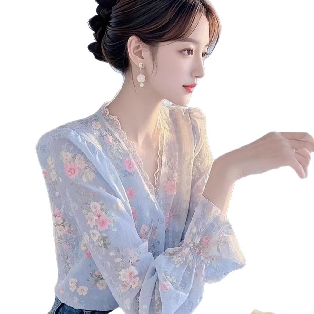 法式高级感蓝色碎花长袖雪纺衬衫女春季新款轻奢洋气漂亮绝美上衣白底实物图