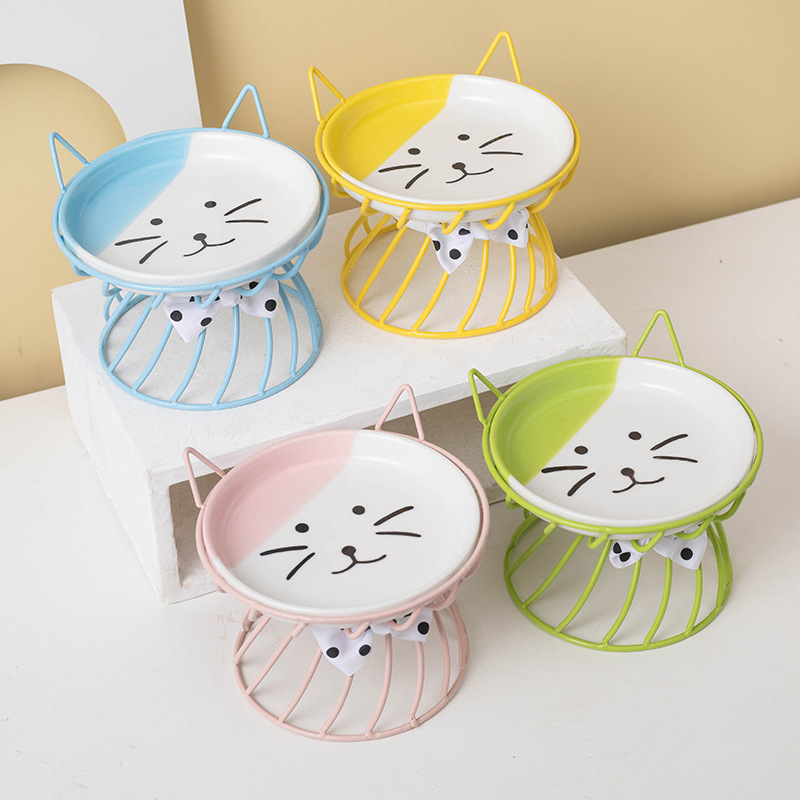 Wow custom cat bowl, ceramic high-legged neck guard, large-mouthed pet food bowl, Garfield cat special flat face bowl snack plate details Picture