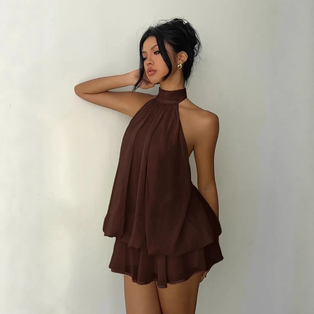 European and American cross-border women's clothing vacation, slimming, sexy, backless, halter, tie, cinched-waist top, puffy short skirt dress Specification drawing