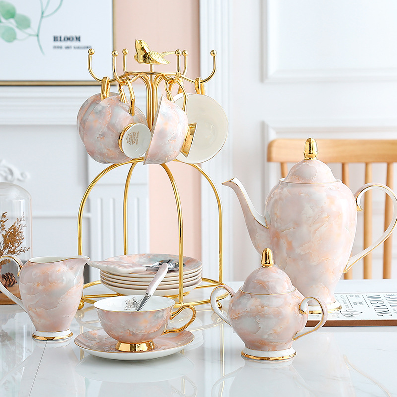 High-quality marble coffee sets, restaurant casual coffee pot sets, European-style high-end gilded bone China coffee cups and saucers