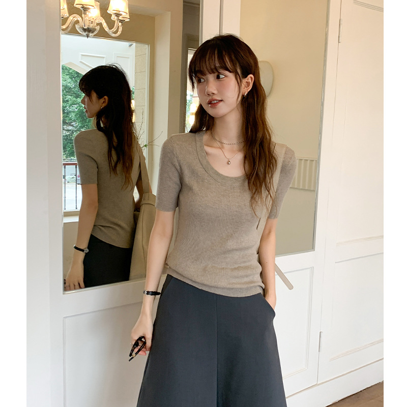 U领冰丝针织衫短袖女修身夏季基础短款T恤上衣2025新款
