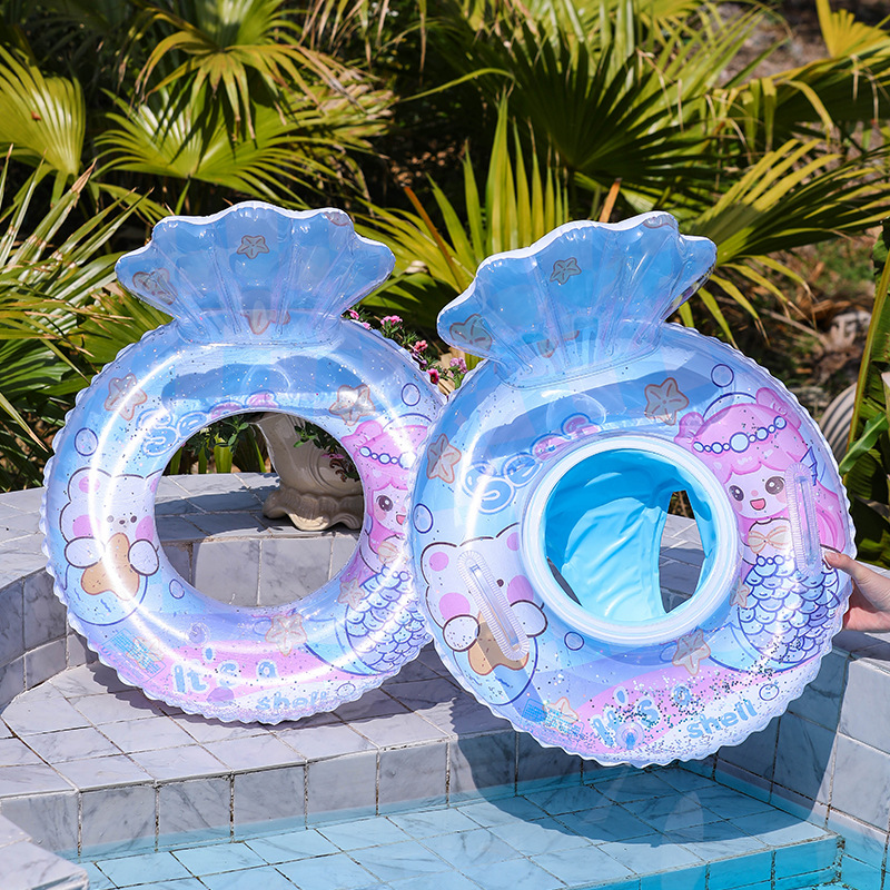 Backrest shell swimming ring, transparent handle, sequined children's sunken seat ring, cartoon print baby armpit ring