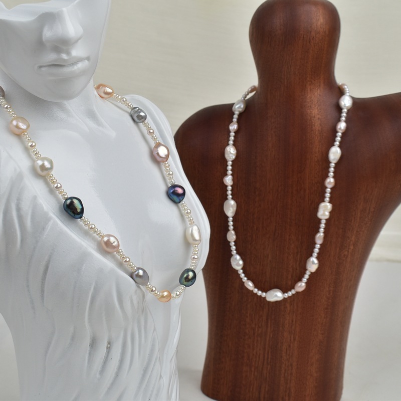 S925银炫彩不规则天然异形巴洛克淡水珍珠锁骨链项链法式高级优雅