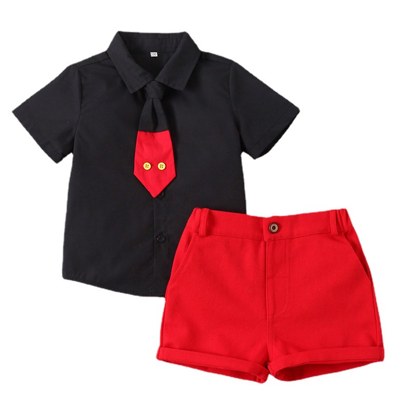 Summer children's clothing Korean-style boys' set, cool tie, solid color children's short-sleeved shirt and trousers two-piece set Item Picture