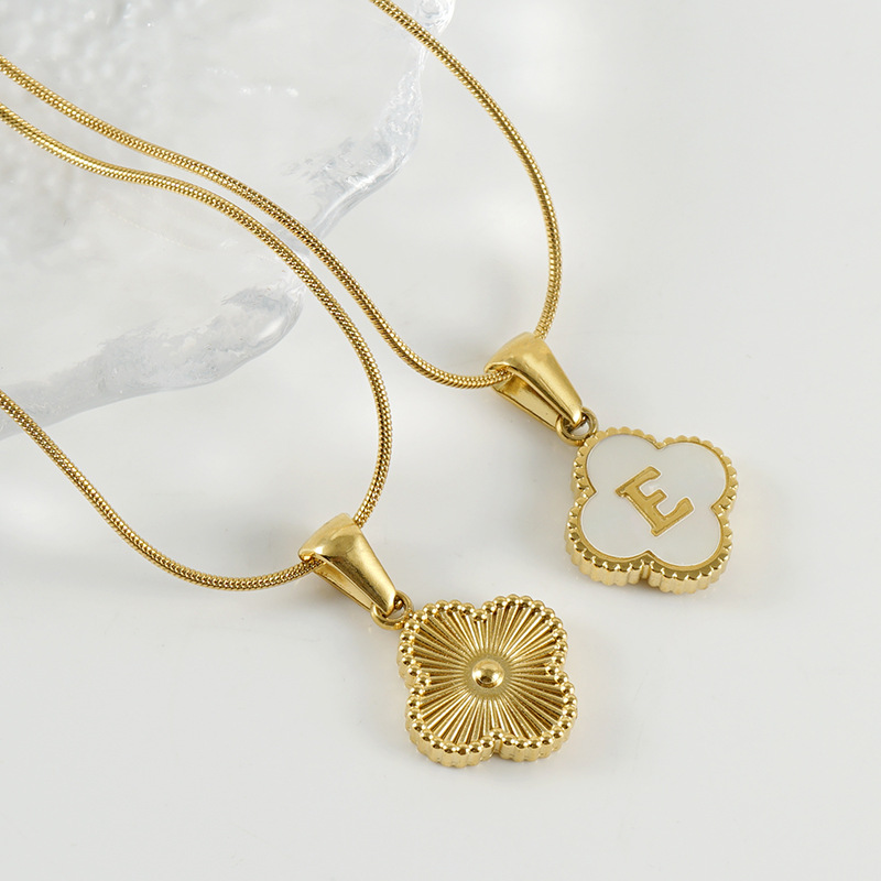 European and American cross-border stainless steel four-leaf clover shell letter pendant in gold, 26 English letters titanium steel snake bone necklace for women details Picture