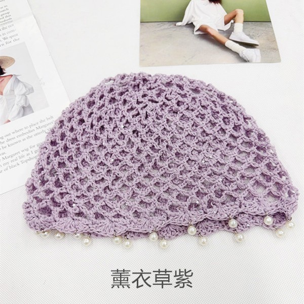 Hecho a mano hook flor hueco perla bolsa headcap mujeres verano transpirable rostro artístico pequeño sombrero de punto versátil moda Specification image