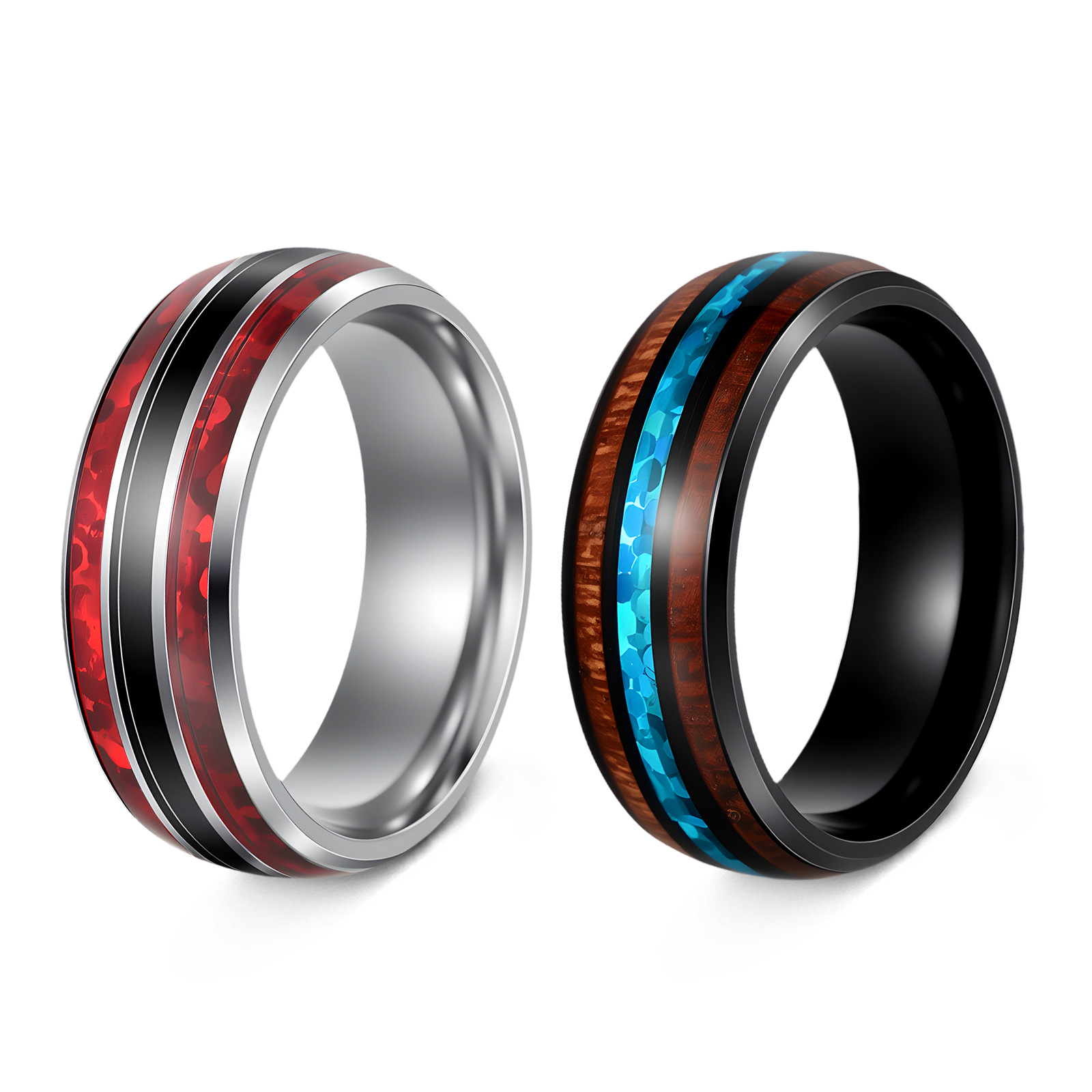 Cross-border Amazon 2024 new titanium steel jewelry inlaid with acacia wood imitation Australian abalone shell ring and bracelet wholesale