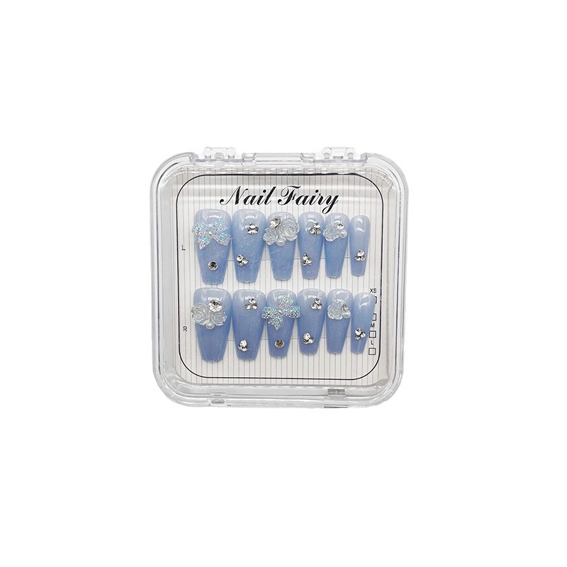 Water blue cat's eye nail patches, long diamond-encrusted camellia, handcrafted wearable nails, fashionable and sweet Item Picture