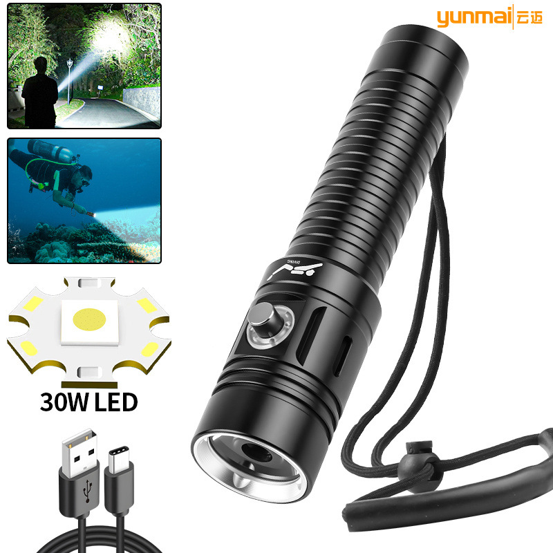跨境新品30W LED强光潜水 内置电池Type-C充电专业夜潜远射手电筒