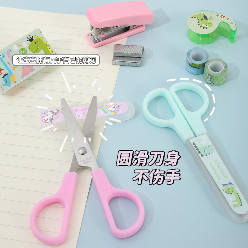Cartoon stapler stationery set, scissors, tape holder, stapler needle, candy color, high appearance level stapler set combination Application Scenario