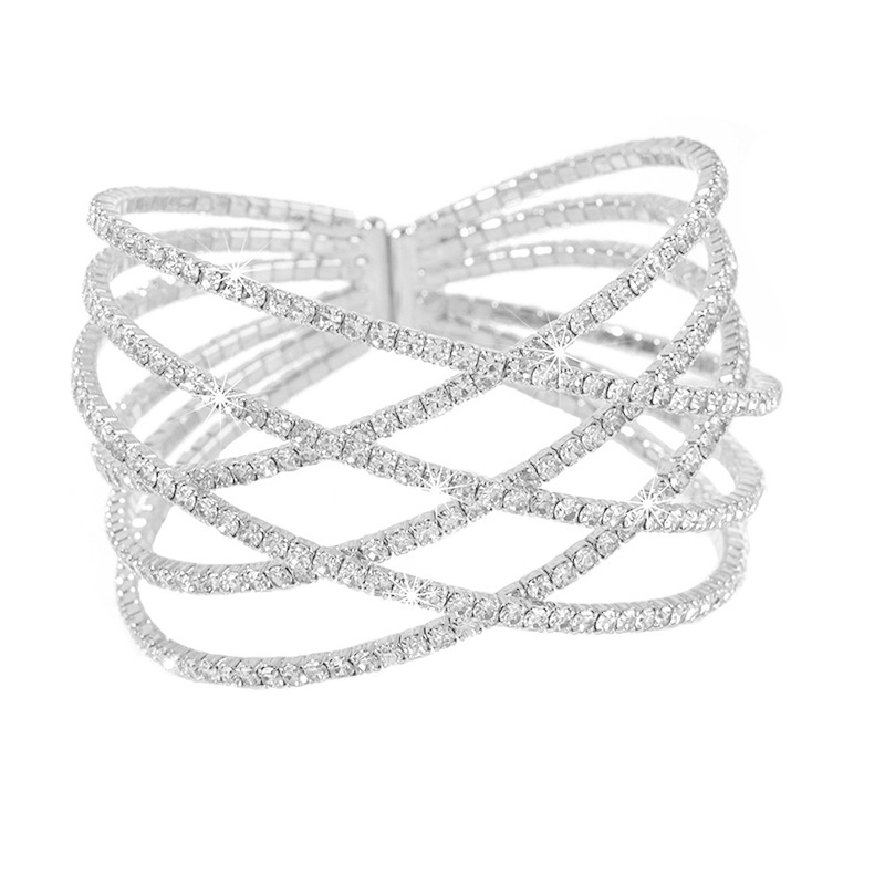 Ins trendy 6-row crossed steel wire elastic rhinestone bracelet for banquets and dinners women's jewelry wholesale, best-selling on Amazon, cross-border sales in Europe and America Application Scenario