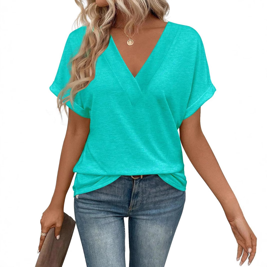 Verano 2026 deseo amazon europa y Estados Unidos comercio exterior nuevo estilo mujer holgada tamaño grande cuello V color sólido manga corta camiseta mujeres Application Scenario