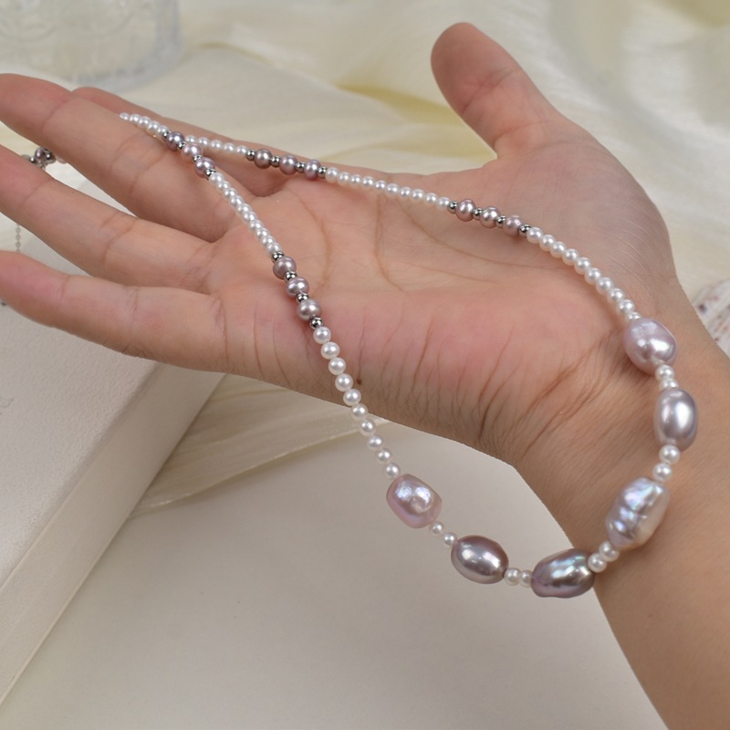 Natural freshwater Baroque irregular-shaped purple pearl necklace for women, light luxury, simple and versatile collarbone chain S925 silver neck chain Specification image
