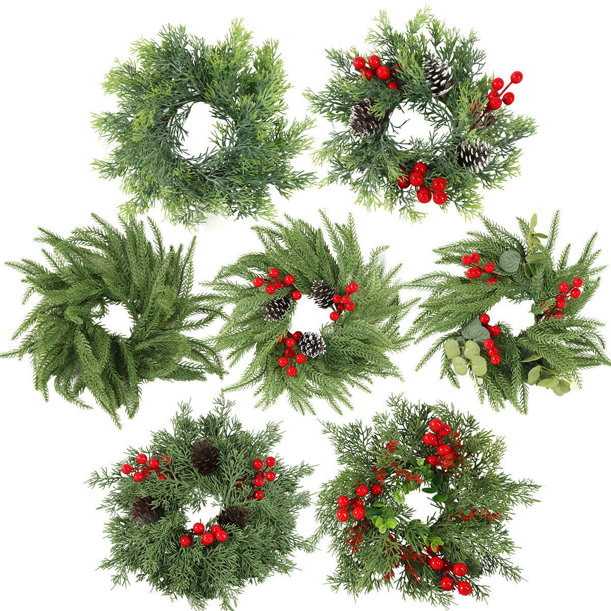 跨境新款圣诞节绿植仿真红果松柏门饰场景装饰氛围布置圣诞小花环白底实物图