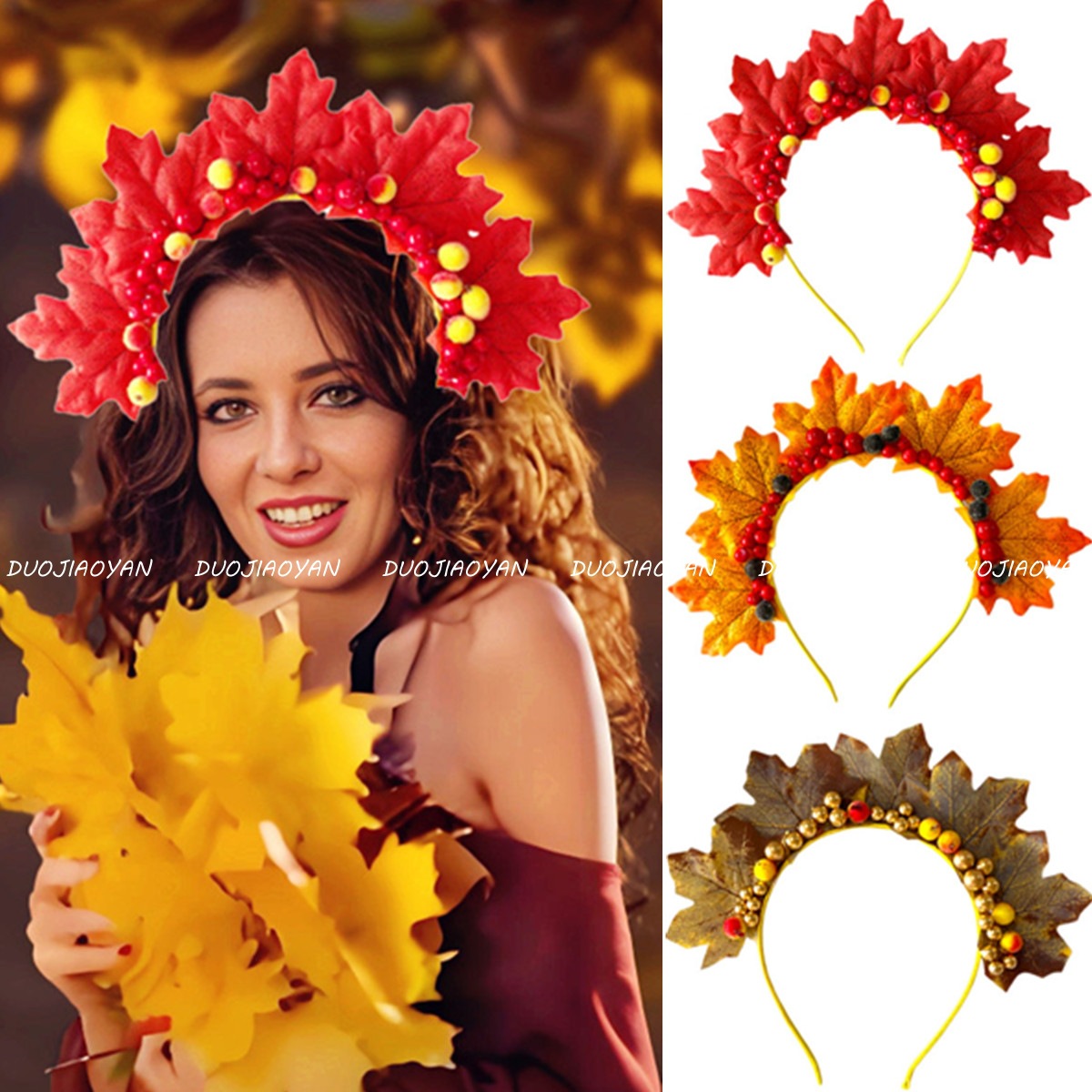 Wholesale of new cross-border faux maple leaf headbands, Harvest Festival fruit yellow decorative headbands, Thanksgiving red headbands full figure