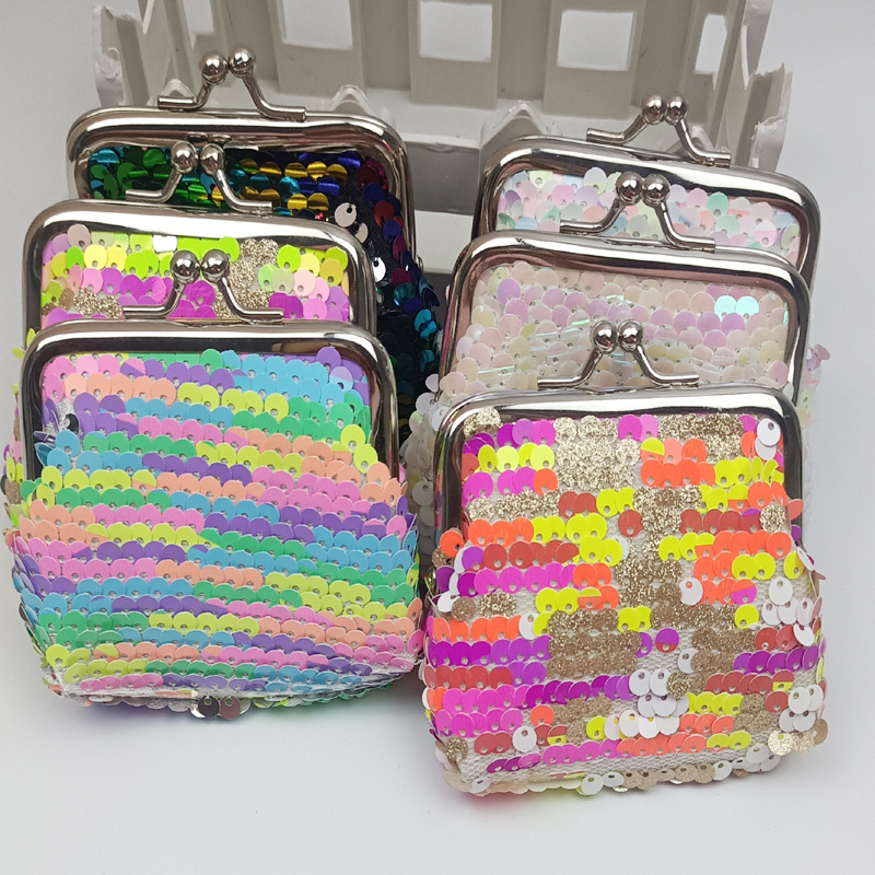 新款3寸双面彩虹亮片零钱包 硬币收纳包 铁扣夹子包 幻彩鱼麟片包