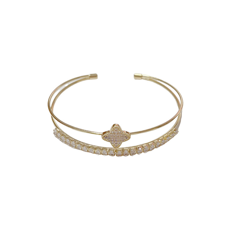 European and American personalized and fashionable cross-border full diamond four-leaf flower double-layer open bracelet, versatile and stylish design sense jewelry wholesale Item Picture