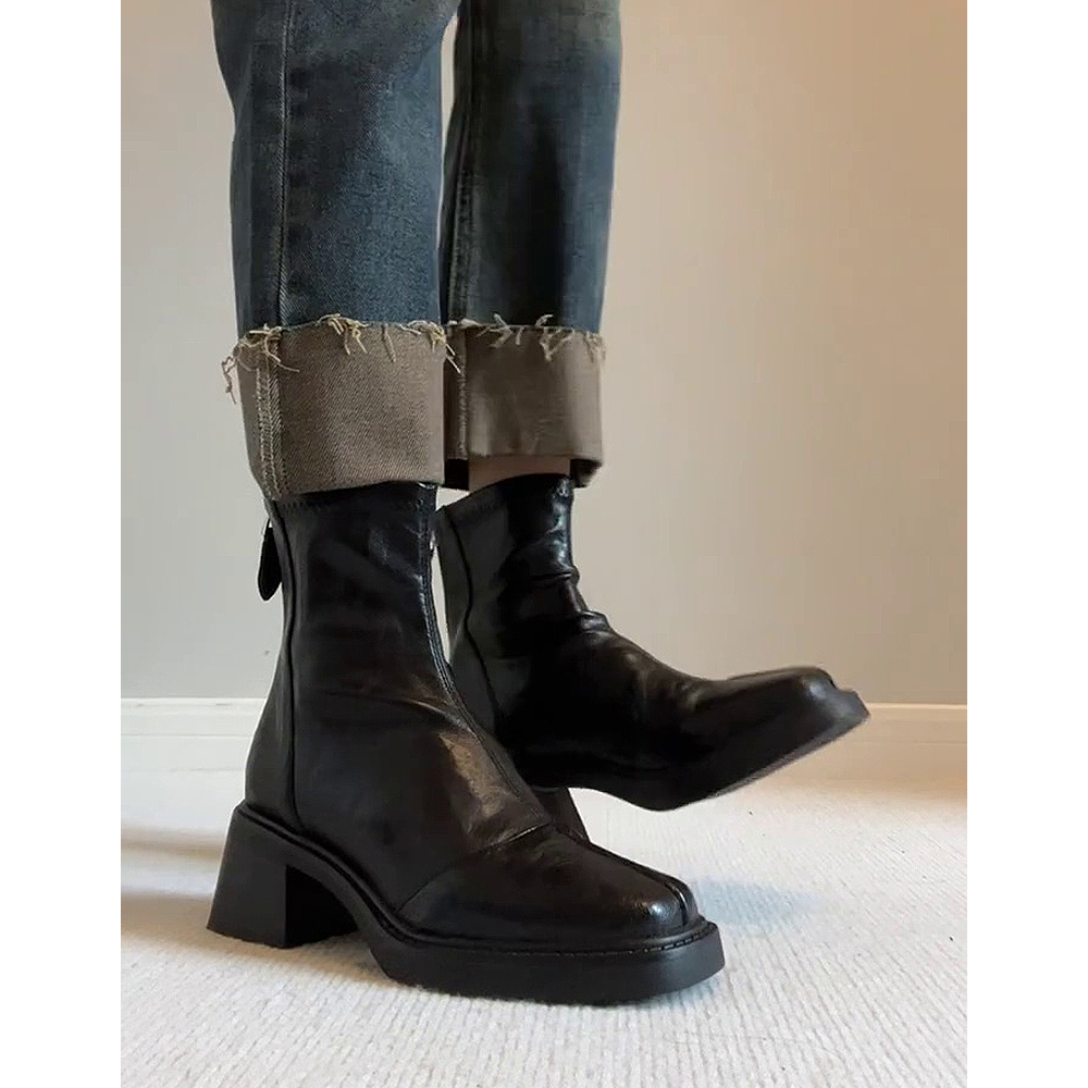 Leather square toe back zipper Dr. Martens boots for women 2025 new Spring and autumn retro commuting chunk-heeled skinny boots high-heeled short boots details Picture