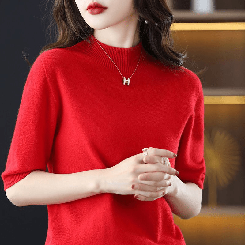 A semi-high-neck casual knitted sweater for women in spring 2023, in a solid color, paired with a half-sleeved base layer sweater T-shirt Application Scenario