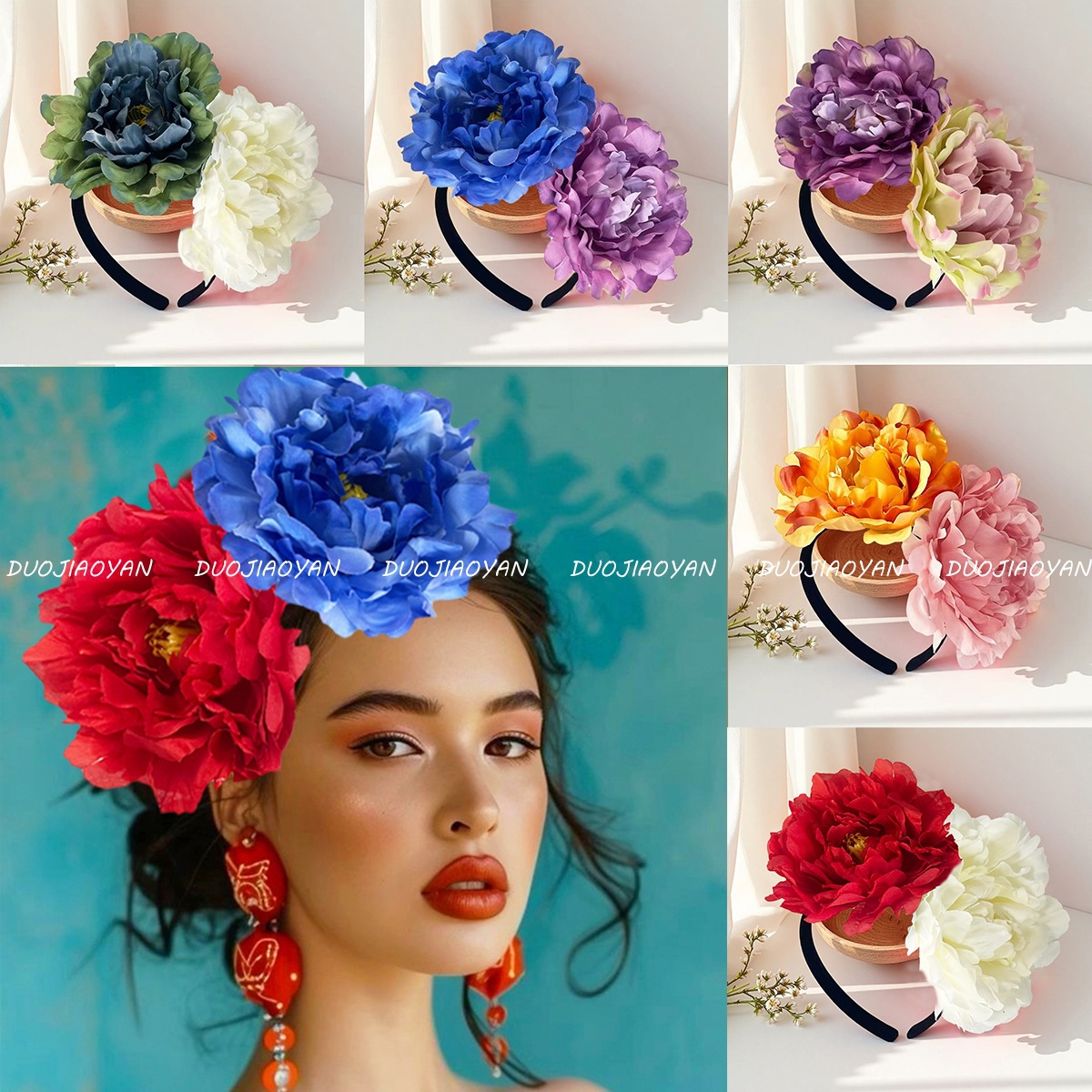 Cross-border European and American simulated camellia flower headband for brides, 12cm exaggerated large flower headwear, carnival ball headwear for women full figure