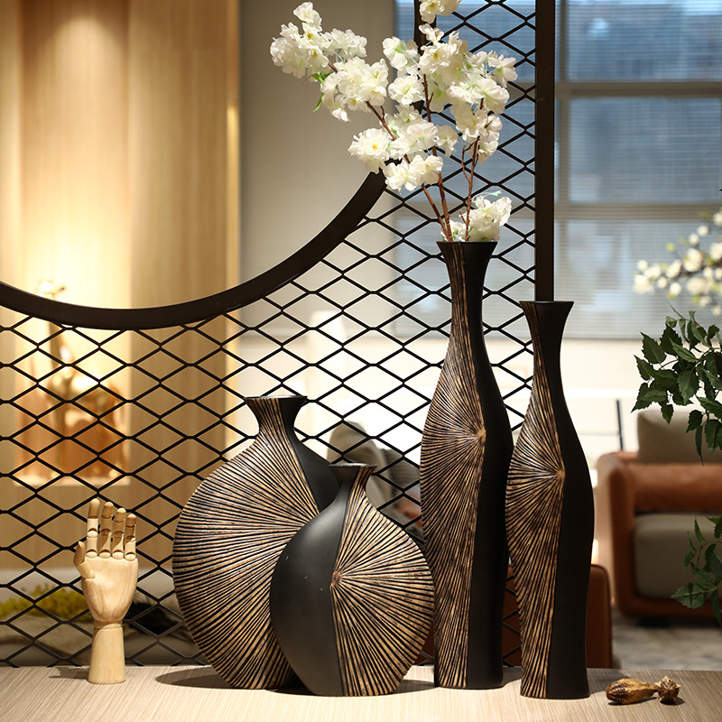 2026 new retro light luxury vertical tall floor-standing vase decoration, living room dried flower art, entrance background wall resin home decoration