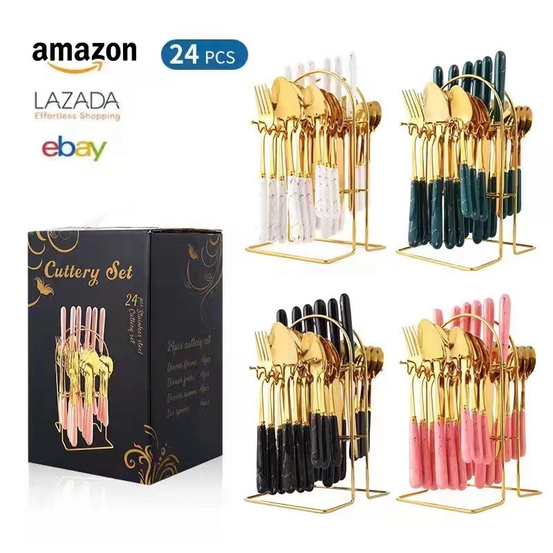 Cross-border stainless steel tableware 24-piece set, Nordic dark green hotel Western tableware steak knife storage rack gift box wholesale