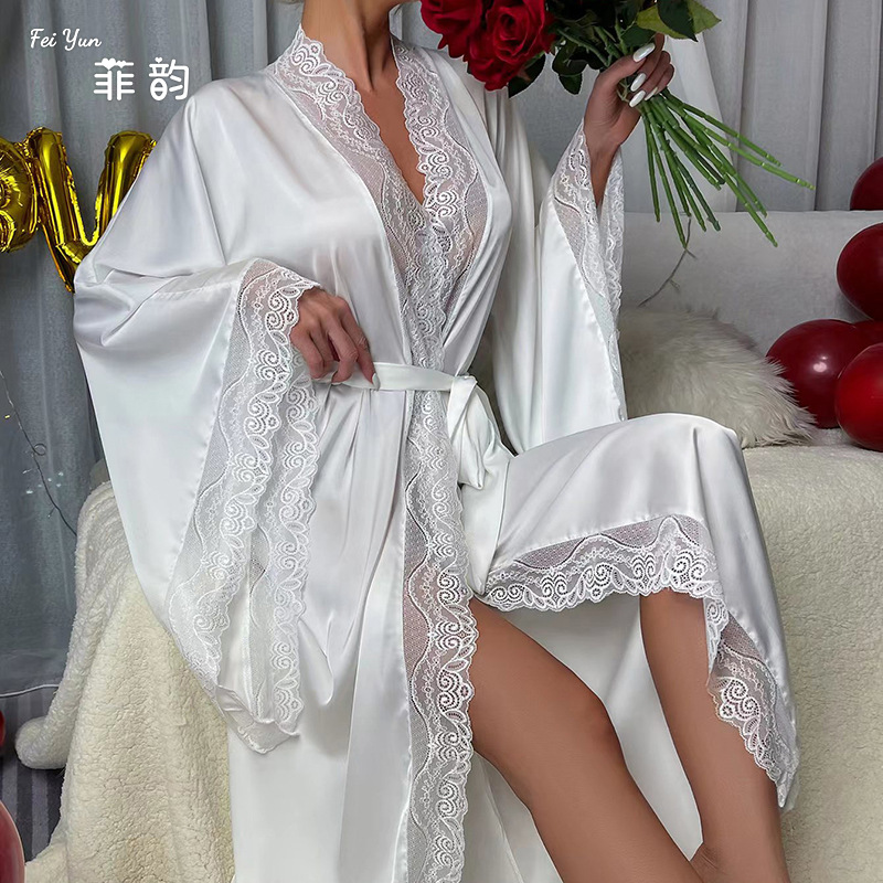 New cross-border satin long pajamas, women's lace light luxury long-sleeved cool bathrobe, bathrobe and home wear, women's 336 Application Scenario