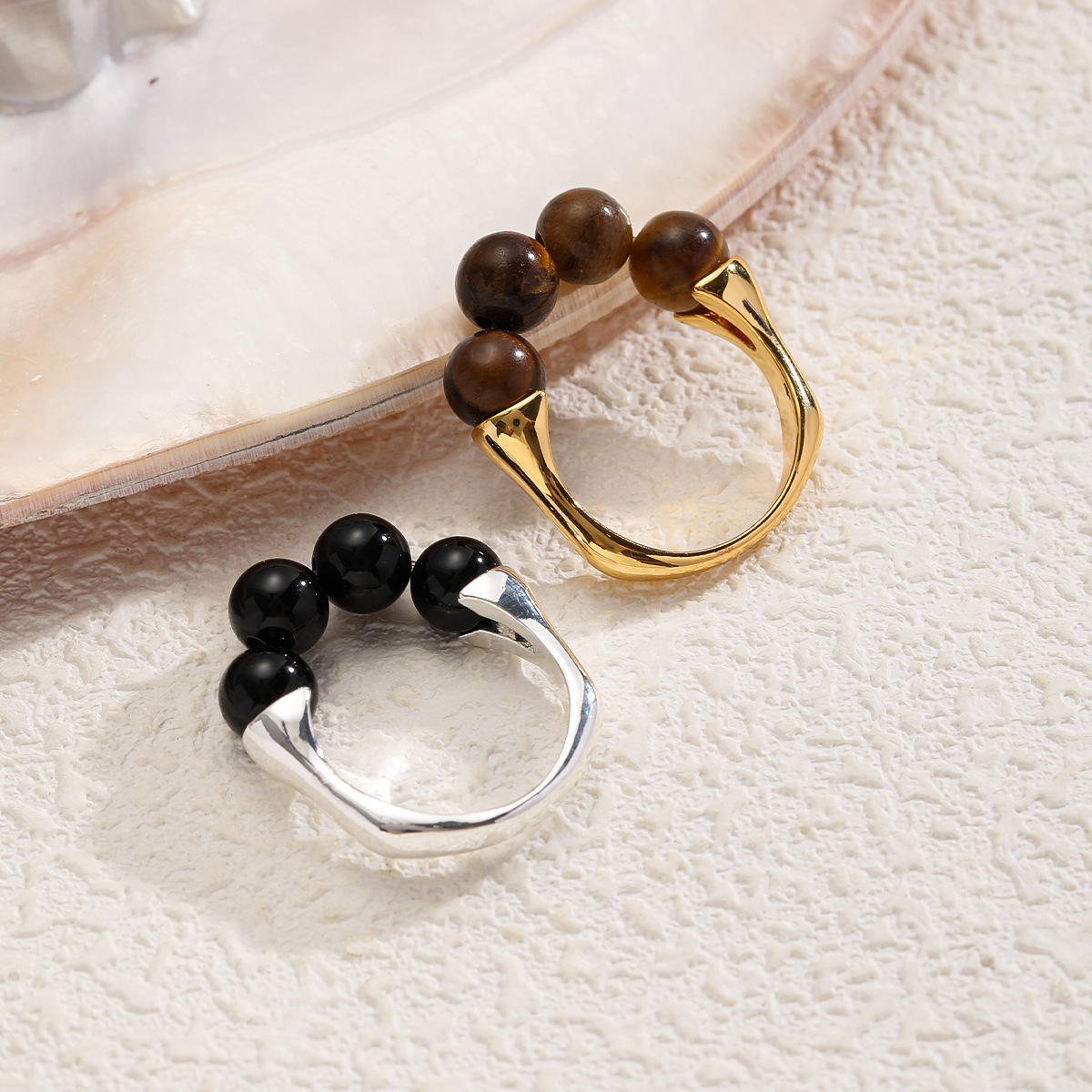 NALA娜啦虎眼石串珠弹力绳戒指小众高级感黑曜石手工戒指女不掉色产品图