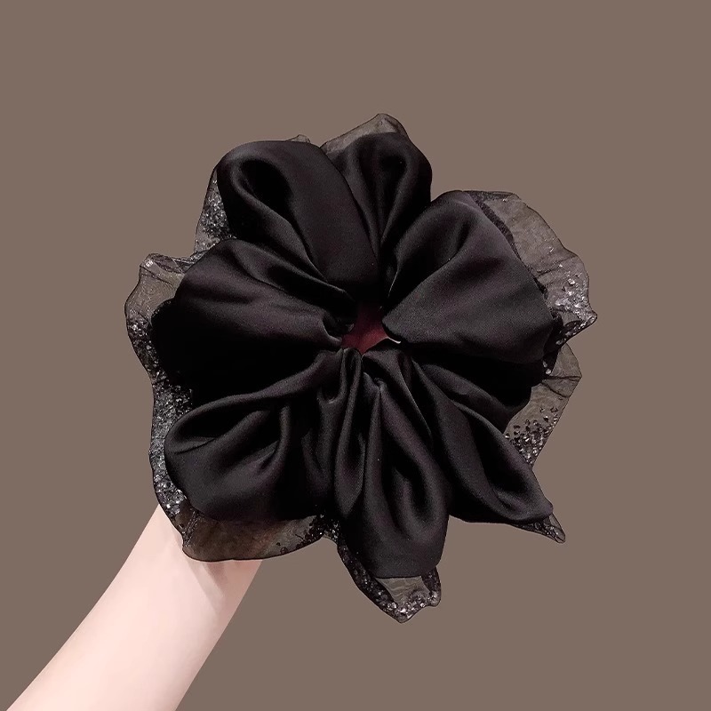 ins High-end French retro laid-back simulation silk satin, large European and American sausage rings, black hair bands, hair accessories and hair ties details Picture