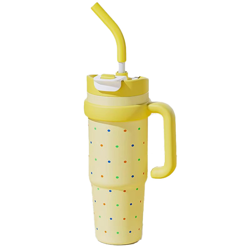 Insulated cup, large-capacity giant straw water cup, women's new model 2025 polka dot ton ton water bottle, cold preservation ice cube cup Item Picture