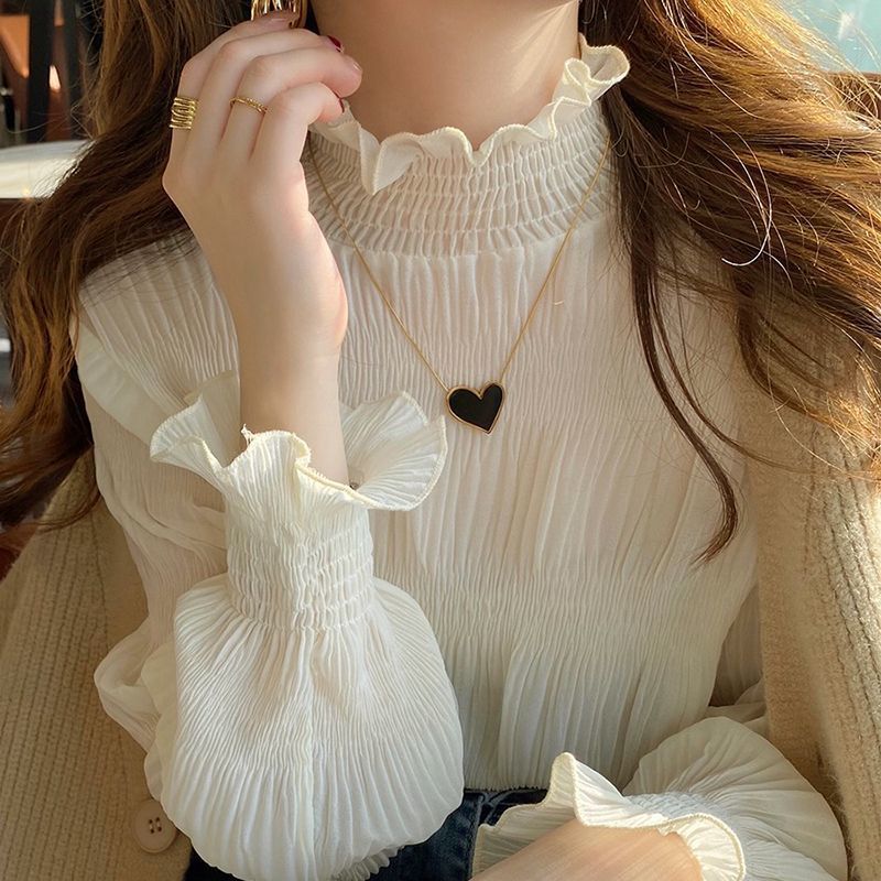 立领杏色蕾丝打底衫女春秋2024新款加绒内搭雪纺衬衫木耳边纱上衣