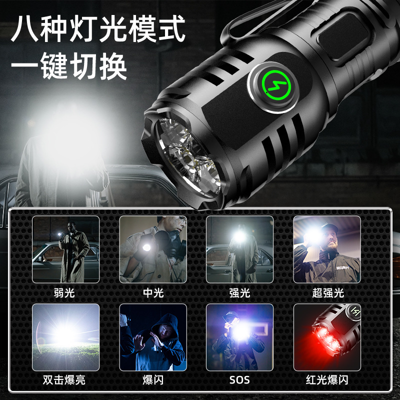 Cross-border bestseller mini LED high-intensity three-eye flashlight, universal portable small multi-functional charging flashlight details Picture