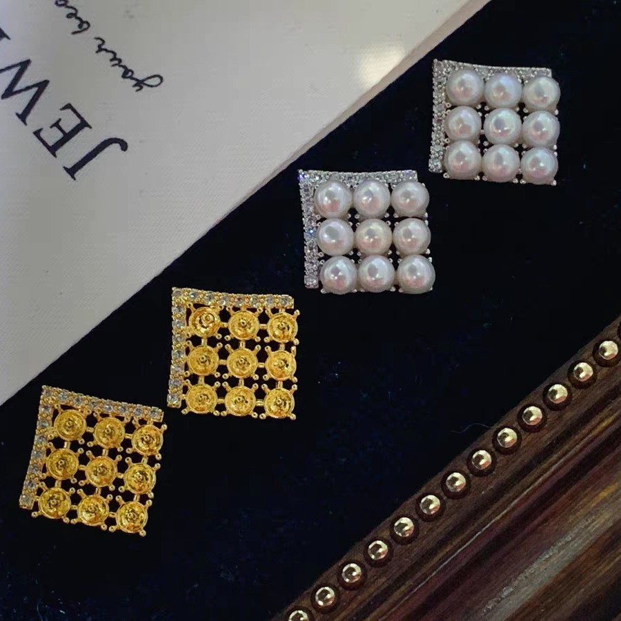 DIY pearl accessories, European and American square full diamond zircon ear stud holder, niche design, multi-bead earrings pendant set for women details Picture