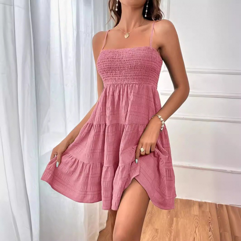 2026 Amazon Cross-border Women's Summer New one-neck fine halter solid color versatile textured dress Specification drawing