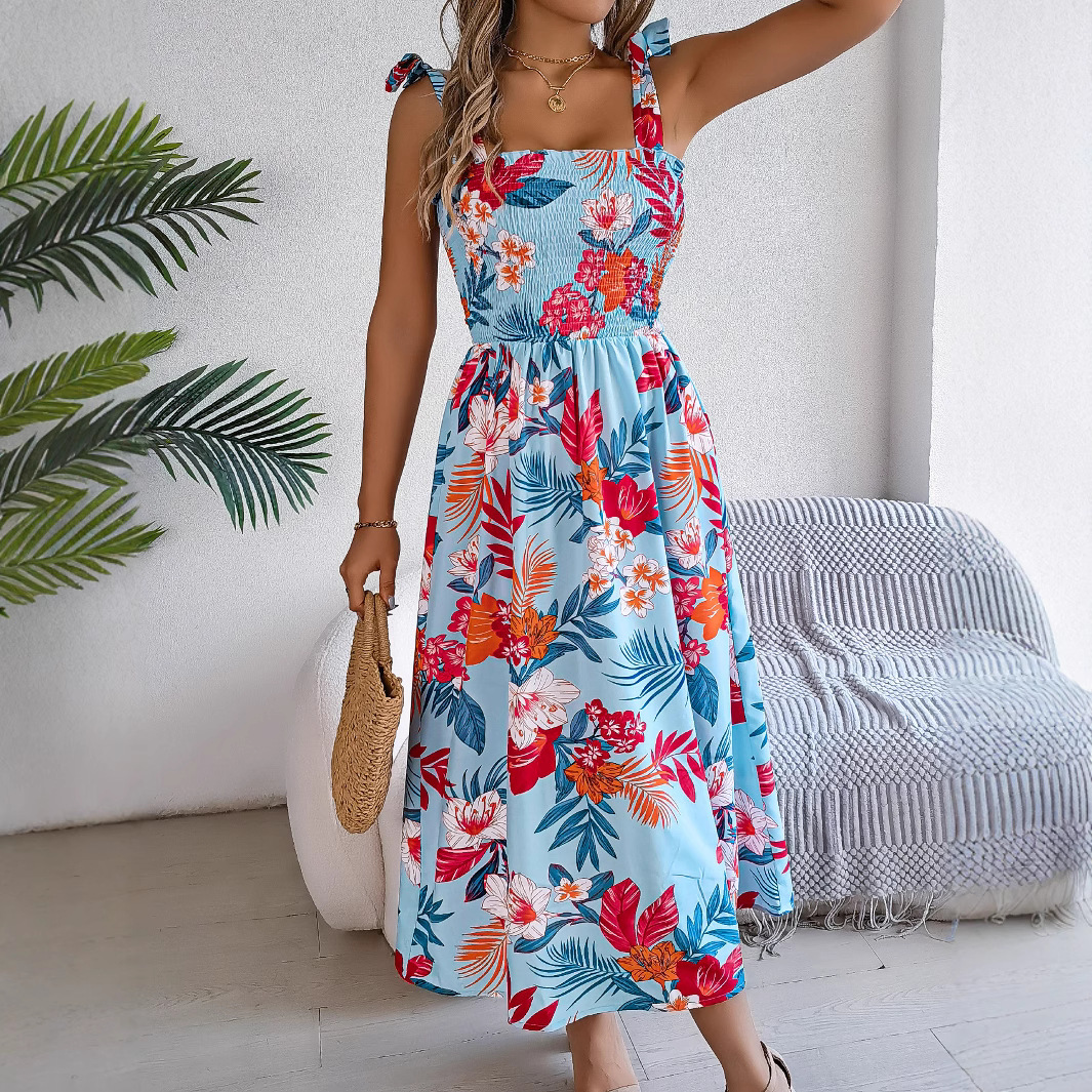 2026 European and American flower-tied waist-cinching halter dress, vacation beach long dress, women's backless design, artistic and retro style Specification drawing