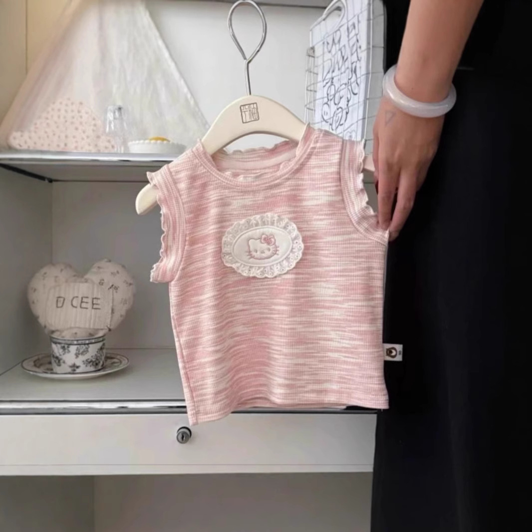 A new summer set for girls in 2025, featuring a stylish and trendy vest, T-shirt and top for children details Picture