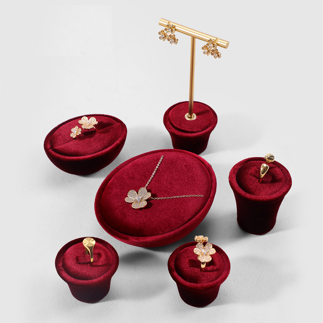 高端丝绒黄金珠宝首饰展示道具戒指项链手镯饰品展示架红色可定制