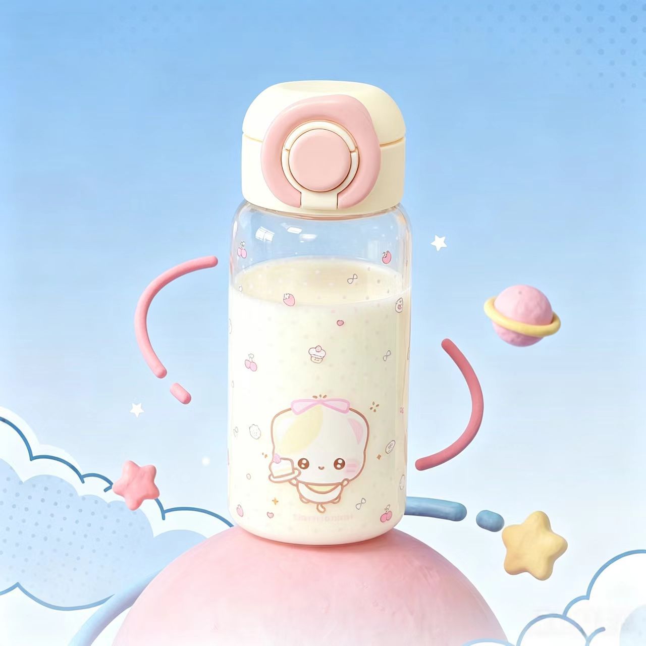 High appearance level Cherry kitten plastic cup for girls, ins style portable anti-drop, anti-drop straw cup for students to go to school