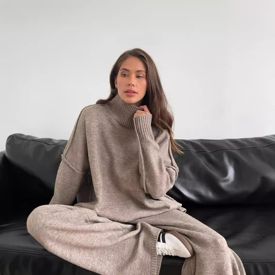 2025 Cross-border high-neck slit wool sweater Set for Women, loose, casual and laid-back European and American knitted trousers Two-piece set full figure