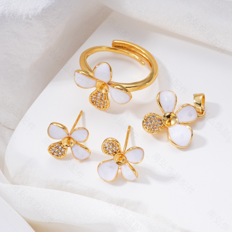 Pearl ring, earneedle pendant, three-piece set, empty stand, four-petal flower, white butterfly shell design, high-end DIY light luxury earrings details Picture