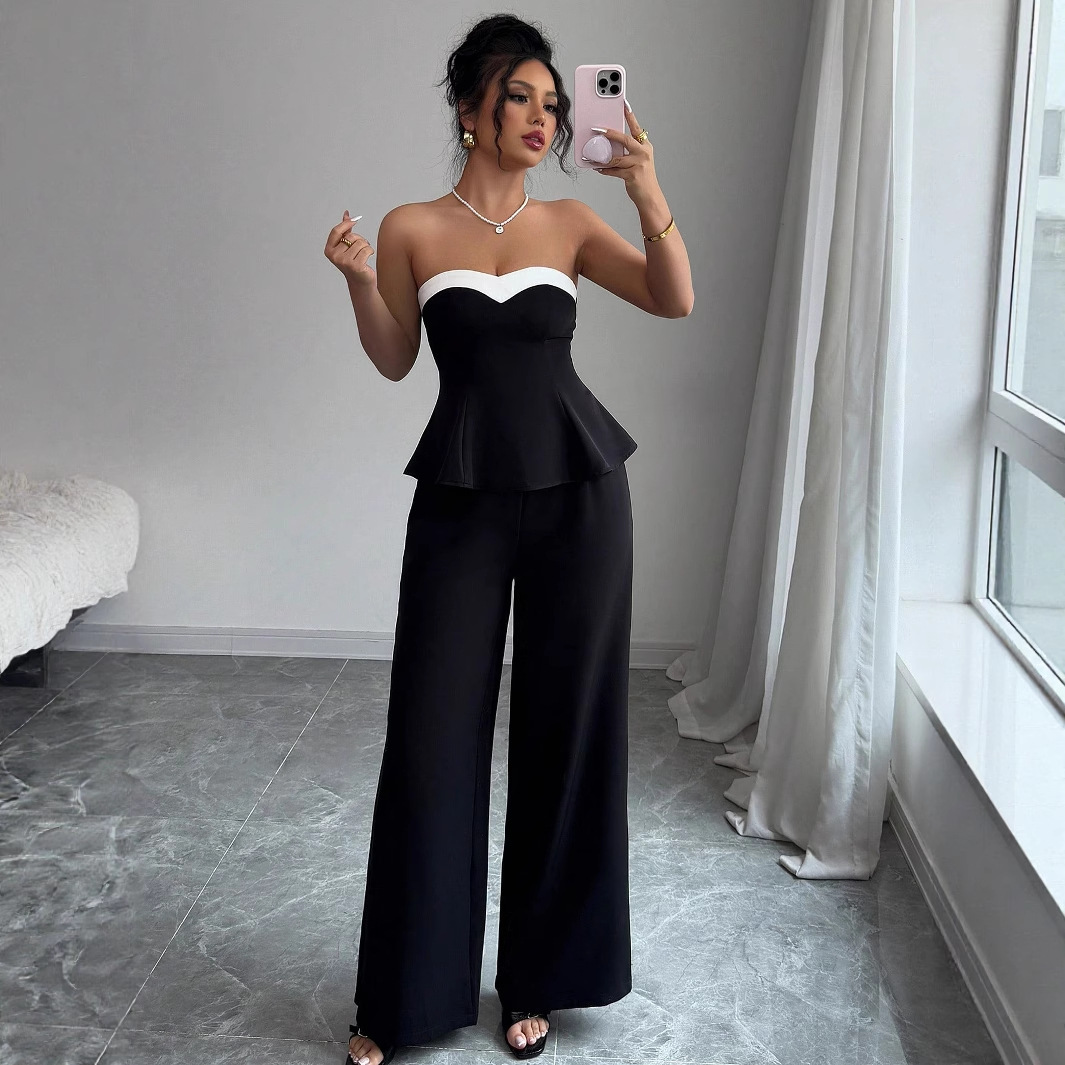 Cross-border Amazon Women's clothing 2025 Spring/Summer Vacation style European and American style spliced off-the-shoulder, backrest, wide-leg long pants set Item Picture