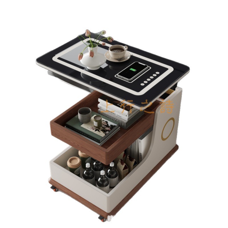 A three-piece set of mother and child coffee tables with RGB lighting effects, smart glass tabletop, living room coffee table, wireless charging, and laptop placement area Item Picture