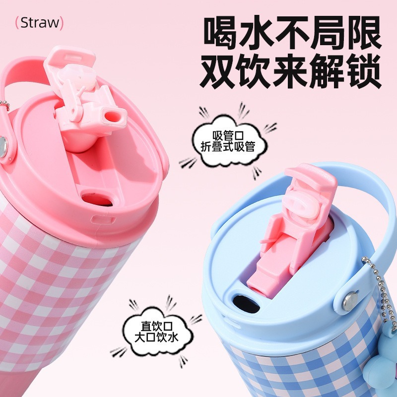 Checkered style high appearance level ice cup for girls, double-drinking straw cup, portable hand-held car, 316 stainless steel insulated cup Specification image