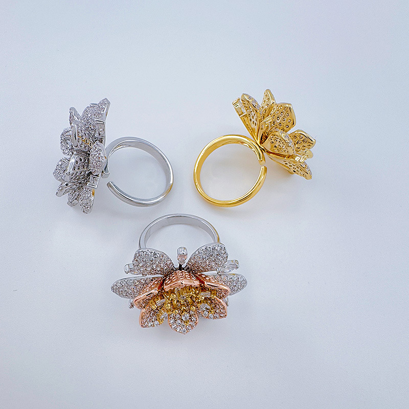 柏伶饰品跨境分色花朵满钻戒指女式法式ins冷淡风指环DIY空托手饰