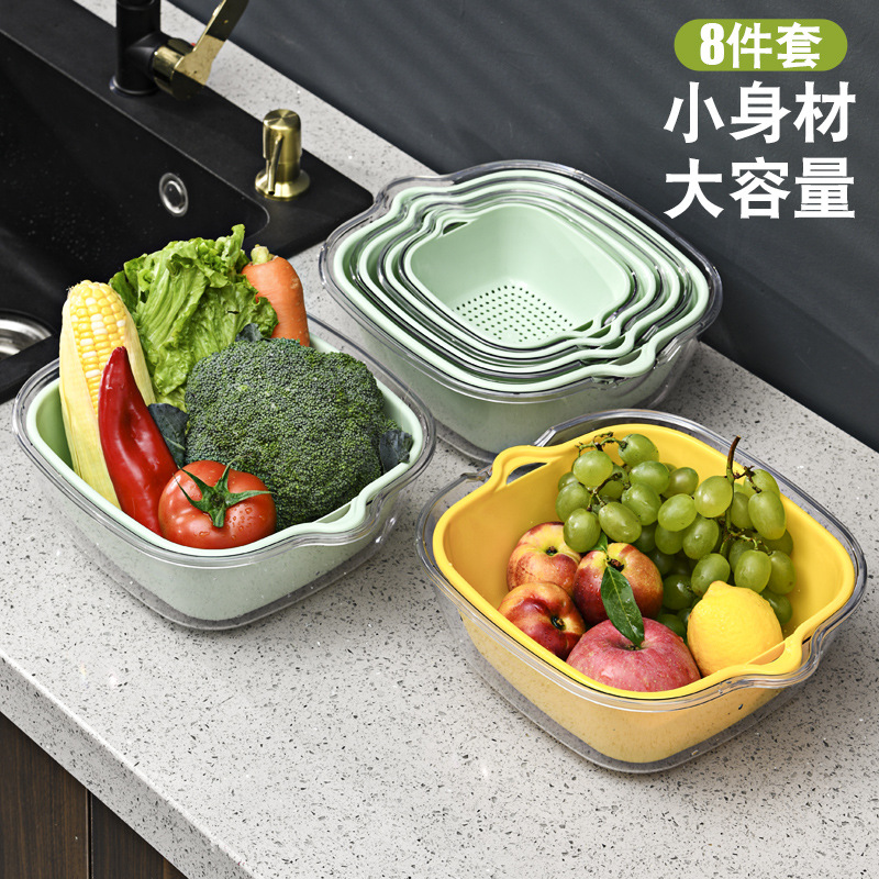 Double-layer vegetable washing basin, draining basket, fruit plate, living room household six-piece set, kitchen fruit washing basket, vegetable washing basket details Picture